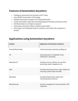 Features of Automation Anywhere 
• Intelligent automation for business and IT tasks 
• Uses SMART Automation Technology 
• Ra