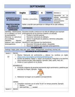 SEPTIEMBRE 
 
ASIGNATURA 
Inglés 
GRADO y 
GRUPO 
4 
TIEMPO 
Semana 1.  
AMBIENTE SOCIAL 
DE APRENDIZAJE 
Familiar y comunita
