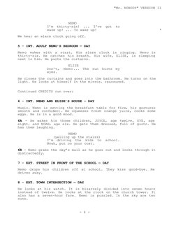 NEMO
I’m thirty-six! ... I’ve got to 
wake up! ... To wake up!
*
We hear an alarm clock going off.
5 - INT. ADULT NEMO’S BEDR