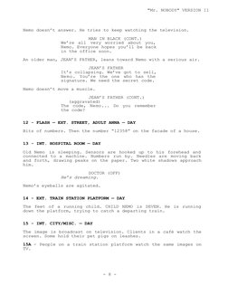 Nemo doesn’t answer. He tries to keep watching the television.
MAN IN BLACK (CONT.)
We’re all very worried about you, 
Nemo.