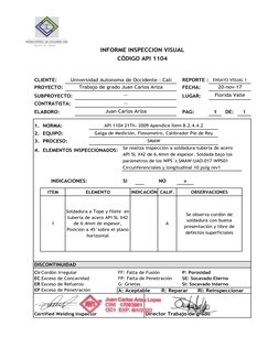CLIENTE:
REPORTE :
PROYECTO:
FECHA:
SUBPROYECTO:
LUGAR:
CONTRATISTA:
ELABORO:
PAG:
1. NORMA:
2. EQUIPO:
3. PROCESO:
4. EL