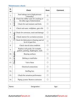Maintenance check:
Sl.
no
Check
Done
Comment
1.
Seal & Seat
Seat leakage test at high pressure
(Annually)
☐
2.
Check the rubb