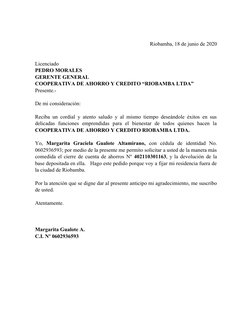 Riobamba, 18 de junio de 2020
Licenciado 
PEDRO MORALES
GERENTE GENERAL
COOPERATIVA DE AHORRO Y CREDITO “RIOBAMBA LTDA”
Prese