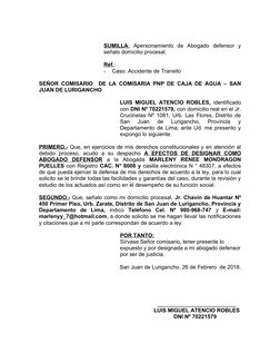 SUMILLA
 
 :  Apersonamiento  de  Abogado  defensor  y
señalo domicilio procesal.
Ref.: 
-
Caso: Accidente de Transito
SEÑOR