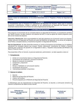 PROCEDIMIENTO  PARA EL PROGRAMA
DE CAPACITACIÓN DE SEGURIDAD DEL
PACIENTE
Proceso:                                    
Seguri