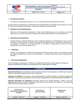PROCEDIMIENTO  PARA EL PROGRAMA
DE CAPACITACIÓN DE SEGURIDAD DEL
PACIENTE
Proceso:                                    
Seguri