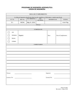 PROGRAMA DE INGENIERÍA AERONÁUTICA 
ORDEN DE INGENIERÍA 
 
FULL-IA-001 
Revisión 0,  Mayo 2010 
 
HOJA DE CUMPLIMIENTO