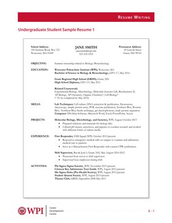 Resume Writing
A - 1
Career
Development
Center
Undergraduate Student Sample Resume 1
Undergraduate Student Sample Resume 1