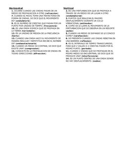 Vertical
2. ES UNA PERTURBACION QUE SE PROPAGA A 
TRAVES DE UN MEDIO DE UN LUGAR A OTRO 
(ondamaterial)
3. PUNTOS QUE REALIZA