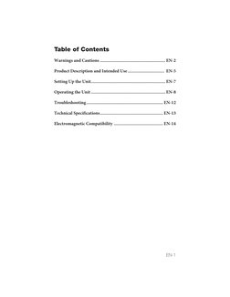 EN-1
Table of Contents
Warnings and Cautions ......................................................... EN-2
Product Descripti