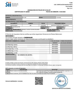 F 2893
COD. VERIFICACION 9fe63f20c7693c3
FOLIO 822981
Hoja 1 de 1
ASIGNACIÓN DE ROLES DE AVALÚO
CERTIFICADO N° 822981
FECHA D