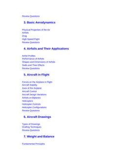 Review Questions
3. Basic Aerodynamics
Physical Properties of the Air
Airfoils
Drag
High-Speed Flight
Review Questions
4. Air