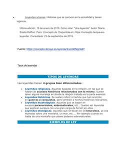 
Leyendas urbanas
 
 : Historias que se conocen en la actualidad y tienen 
vigencia.
Última edición: 18 de enero de 2019. Có