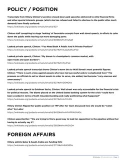 Wikileaks: #PodestaEmails | Page 3
POLICY / POSITION
Transcripts from Hillary Clinton’s lucrative closed-door paid speeches d