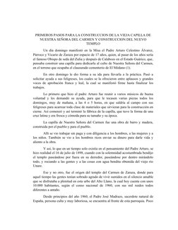 PRIMEROS PASOS PARA LA CONSTRUCCION DE LA VIEJA CAPILLA DE
NUESTRA SEÑORA DEL CARMEN Y CONSTRUCCION DEL NUEVO
TEMPLO
Un día d