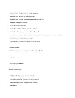 - Inhabilidad para atender a más de un objeto a la vez. 
- Inhabilidad para nombrar un objeto (anomia). 
- Inhabilidad para l