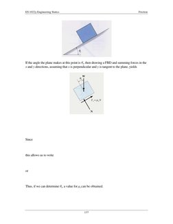 ES 1022y Engineering Statics 
 
Friction 
137 
 
 
If the angle the plane makes at this point is θs, then drawing a FBD and s