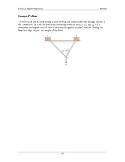 ES 1022y Engineering Statics 
 
Friction 
142 
Example Problem 
 
Two blocks A and B, each having a mass of 6 kg, are connect