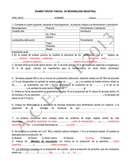 EXAMEN TERCER  PARCIAL  DE MICROBILOGÍA INDUSTRIAL 
 
APELLIDOS.......................................................NOM