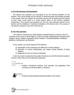 INTRODUCTORY MESSAGE
A. For the Parents and Guardians
The  parents  and  guardians  are  encouraged  to  be  the  learning  f