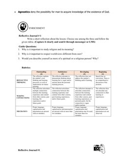 
Agnostics deny the possibility for man to acquire knowledge of the existence of God.
ENRICHMENT
Reflective Journal # 1