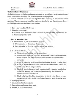 Prosthodontic                     
                  Assis. Prof. Dr. Ibrahim Alfahdawi 
Lec. 6 
2 
 
Occlusion Rims (bite r