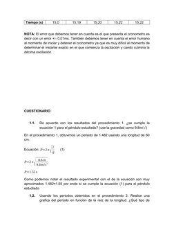 Tiempo (s)
15,0
15,19
15,20
15,22
15,22
NOTA: El error que debemos tener en cuenta es el que presenta el cronometro es
decir