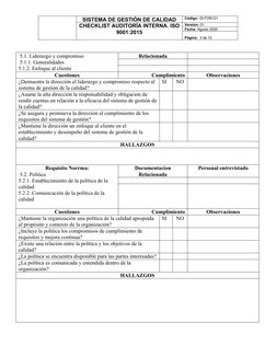 Checklist Auditoría ISO 9001:2015 | PDF | Sistema de manejo de calidad ...