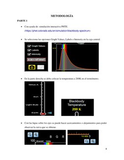 8 
METODOLOGÍA 
PARTE 1 

Con ayuda de: simulación interactiva PHTE.
(https://phet.colorado.edu/en/simulation/blackbody-spec