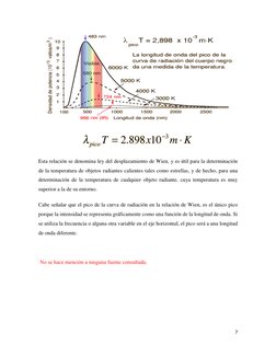 7 
Esta relación se denomina ley del desplazamiento de Wien, y es útil para la determinación 
de la temperatura de objetos ra