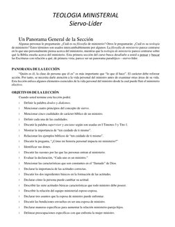 TEOLOGIA MINISTERIAL 
Siervo-Líder 
 
Un Panorama General de la Sección   
 
Algunas personas le preguntarán: ¿Cuál es su fil