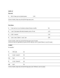  
OJOS x2
Parte azul
1.
AM, 10 mpa, pe en el primer punto.
(10)
Cerrar el tejido y dejar una cola de hilo largo para coser.
 