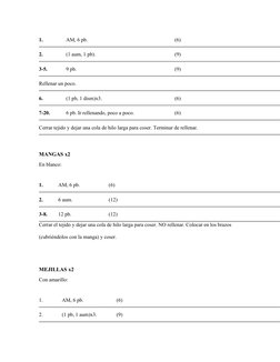 1.
AM, 6 pb.
(6)
2.
(1 aum, 1 pb).
(9)
3-5.
9 pb.
(9)
Rellenar un poco.
6.
(1 pb, 1 dism)x3.
(6)
7-20.
6 pb. Ir rellenando, p