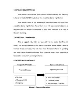 SCOPE AND DELIMITATIONS
This research includes the relationship of financial literacy and spending
behavior of Grade 12 ABM s