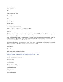 Date: 18/02/2019
From
The Christian Union Team
Victory Schools
To
The Principle
Victory schools
5444155 North Jackson Mississ