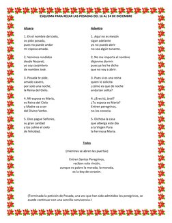 ESQUEMA PARA REZAR LAS POSADAS DEL 16 AL 24 DE DICIEMBRE 
 
 
Afuera 
 
1. En el nombre del cielo, 
os pido posada, 
pues n