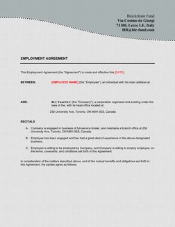 Blockchain Fund 
Via Cosimo de Giorgi 
73100, Lecce LE, Italy 
HR@blc-fund.com 
 
 
 
           
 
 
EMPLOYMENT AGREEMEN