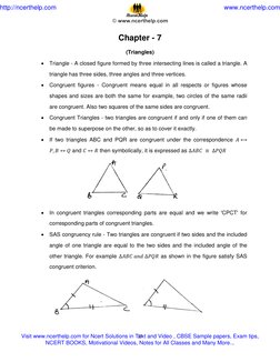 37 
 
Chapter - 7  
(Triangles) 
 Triangle - A closed figure formed by three intersecting lines is called a triangle. A 
tri