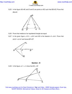 44 
 
Q.25 In the figure AD=AE and D and E are points on BC such that BD=EC Prove that 
AB=AC 
 
 
 
 
Q.26 Prove that median
