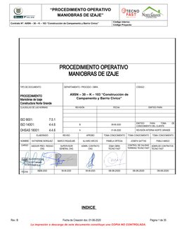 “PROCEDIMIENTO OPERATIVO
MANIOBRAS DE IZAJE”
Rev. B             08-06-2020
Contrato N°: A9SN – 30 – K – 103 “Construcción de