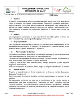 “PROCEDIMIENTO OPERATIVO
MANIOBRAS DE IZAJE”
Rev. B             08-06-2020
Contrato N°: A9SN – 30 – K – 103 “Construcción de