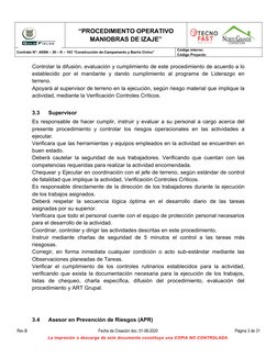 “PROCEDIMIENTO OPERATIVO
MANIOBRAS DE IZAJE”
Rev. B             08-06-2020
Contrato N°: A9SN – 30 – K – 103 “Construcción de