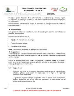 “PROCEDIMIENTO OPERATIVO
MANIOBRAS DE IZAJE”
Rev. B             08-06-2020
Contrato N°: A9SN – 30 – K – 103 “Construcción de