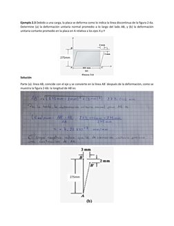 Ejemplo 2.3 Debido a una carga, la placa se deforma como lo indica la línea discontinua de la figura 2-6a. 
Determine (a) la