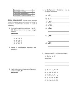 Cantidad de niveles  
3 
Cantidad de subniveles  
5 
Cantidad de orbitales llenos  
7 
Cantidad de orbitales semillenos  
2