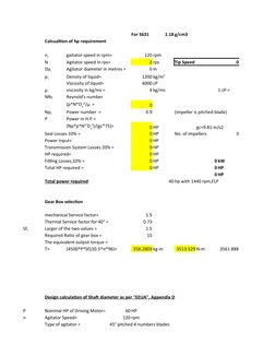 For S631
1.18 g/cm3
Calcualtion of hp requirement
n, 
gaitator speed in rpm=
120 rpm
N 
Agitator speed in rps=
2 rps
Tip Spee