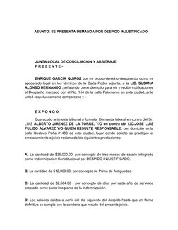 ASUNTO: SE PRESENTA DEMANDA POR DESPIDO INJUSTIFICADO.     
JUNTA LOCAL DE CONCILIACION Y ARBITRAJE 
P R E S E N T E.- 
ENRIQ