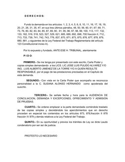 D E R E C H O S: 
          Fundo la demanda en los artículos: 1, 2, 3, 4, 5, 6, 8, 10, 11, 16, 17, 18, 19, 
20, 21, 26, 31,