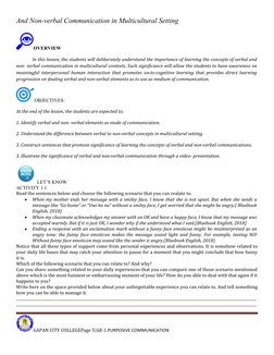 And Non-verbal Communication in Multicultural Setting
OVERVIEW
In this lesson, the students will deliberately understand the