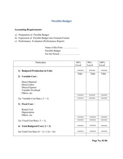 Flexible Budget
Accounting Requirements:
a) Preparation of  Flexible Budget
b) Expression of  Flexible Budget into Formula Fo